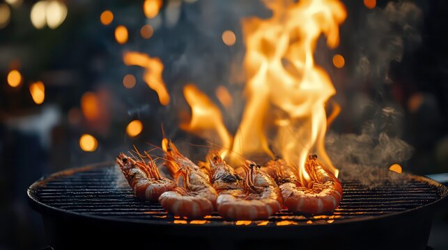 Grilled prawns on barbecue with flames in background