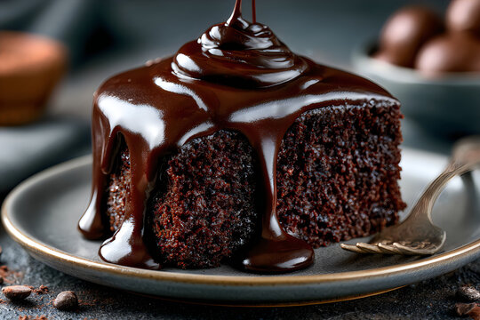 Rich moist chocolate cake slice topped with thick melted ganache
