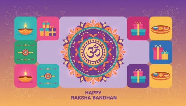 Colorful Raksha Bandhan illustration banner, Hindu festival greeting card with Om mandala and gift icons on orange background