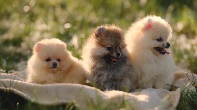 Three cute Pomeranian spitz puppies sitting together on a blanket on green grass in a summer park.