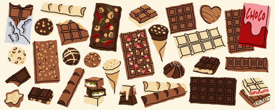 Big Chocolate Bar and Sweet Candy Dessert Set with Hand Drawn Elements in Minimalist Flat Doodle Style
