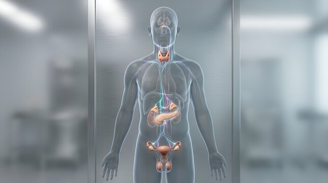 Comprehensive 3D Medical Illustration of Human Endocrine System, Detailing Glands and Hormonal Pathways