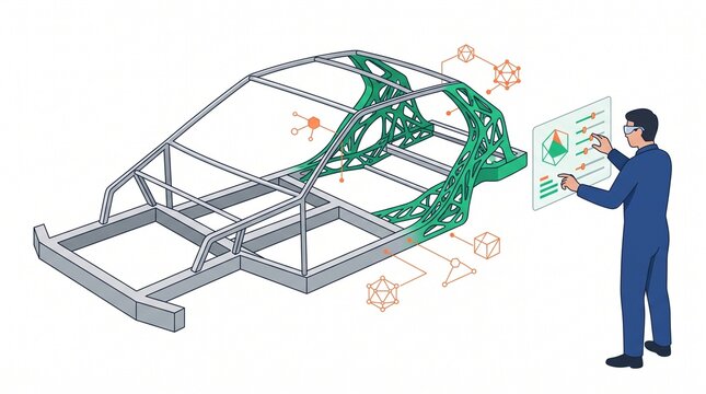 Flat vector illustration of an engineer using a digital dashboard to analyze a generative design car chassis, representing automotive topology optimization