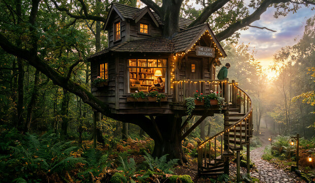 Cozy treehouse in forest at sunset, warmly lit wooden dwelling with staircase and deck
