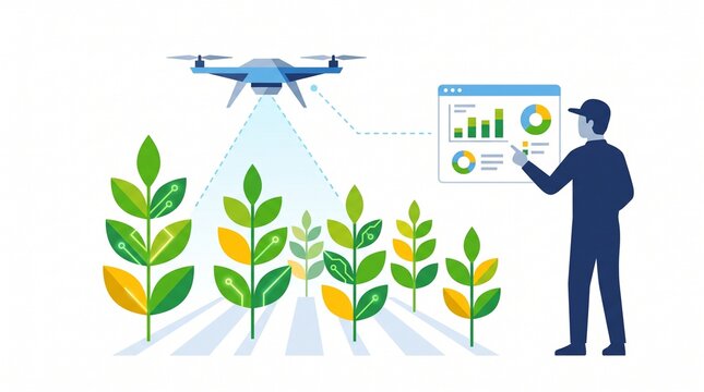 Flat vector illustration of a farmer using a drone and digital dashboard for crop monitoring, representing smart agriculture and precision farming