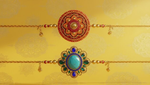 Ornate Indian rakhi bracelet on yellow background, traditional festival wrist thread with beads and tassels, close-up