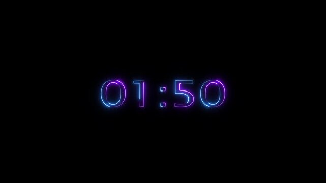 Neon 2 minute countdown timer .2 minute stopwatch , analog neon clock icon animation .2 minute timer countdown animation, countdown timer one minute animation.