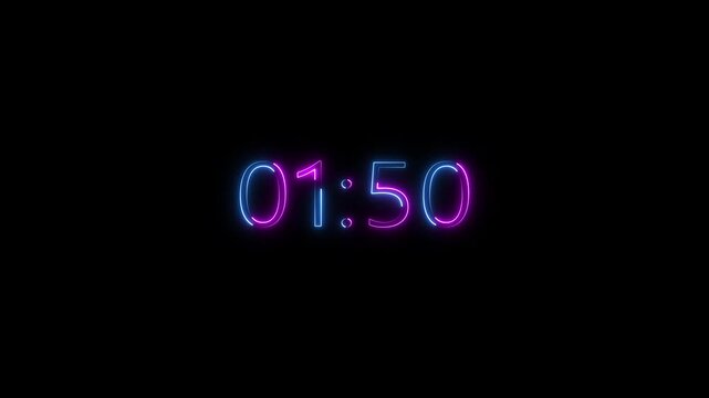 Neon 2 minute countdown timer .2 minute stopwatch , analog neon clock icon animation .2 minute timer countdown animation, countdown timer one minute animation.