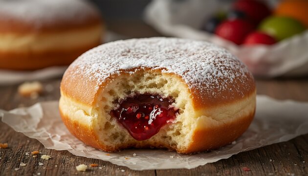 Bitten jelly filled donut covered in powdered sugar on a wooden table