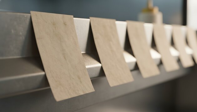 Blank brown paper slips arranged neatly in a row on a shiny metallic counter