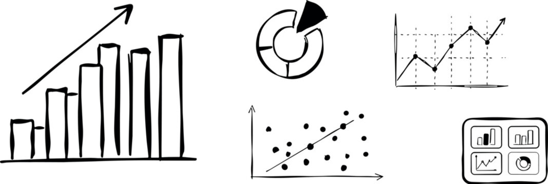 Collection of handdrawn business charts showing different types of data visualization