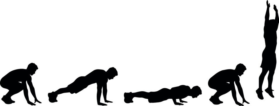 Silhouette sequence of a man performing burpees, from squat to jump