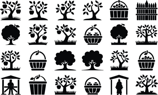 Assorted black silhouettes of apple trees and harvest baskets for agricultural graphic design work