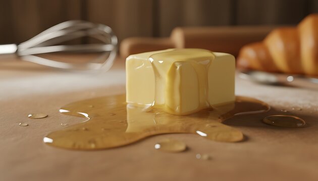 Block of melting butter topped with golden honey on a wooden surface