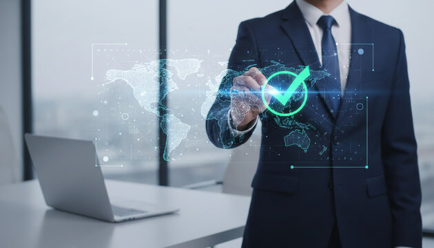 Man in suit interacting with digital global map and checkmark, symbolizing business success and global strategy implementation