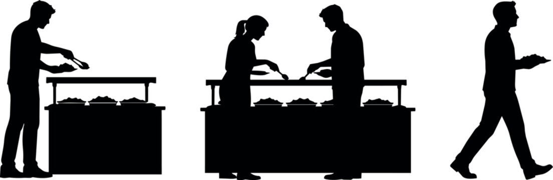 Silhouettes of people serving themselves food from a buffet line