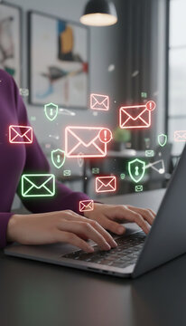 Person using laptop with glowing email and security icons, symbolizing digital communication and data protection, suitable for business or technology concepts