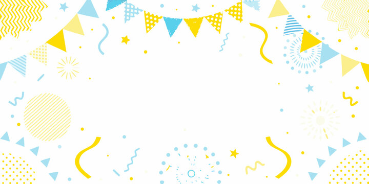 Celebration party frame with geometric shapes and yellow blue color scheme