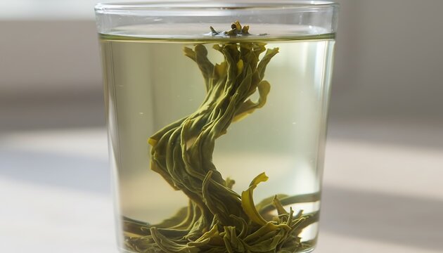 Blooming green tea flower unfolding gracefully inside a clear glass of hot water