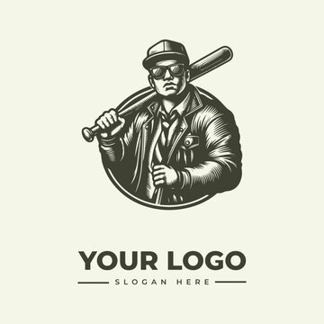 Vintage style illustration of a tough baseball player holding a bat for a sports logo design.