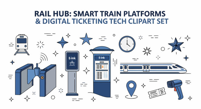 Clipart set of blue line art icons for smart train platforms and digital rail ticketing technology on white background