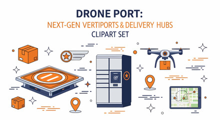 Clipart set of drone delivery systems including a quadcopter landing pad smart locker and GPS navigation map © Faisal