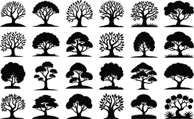 Obraz premium Set of black tree silhouettes, various types of trees with distinct shapes and foliage designs