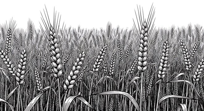 Detailed Black and White Wheat Field Standing Against Minimal White Background
