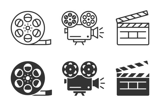 Vintage film equipment icons: projector, reel, clapper.