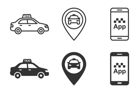 Taxi app icons set: car, map, smartphone symbols for ride sharing.
