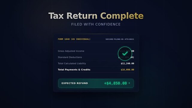 Tax return documents and calculator sliding into place on navy desk. Numbers align into clean rows as green checkmark and refund amount appear.