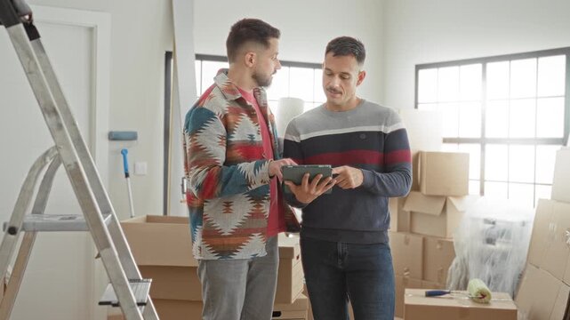 Man and boyfriend hold tablet, hand pointing at screen amid moving boxes and ladder inside building; moving planning focus.