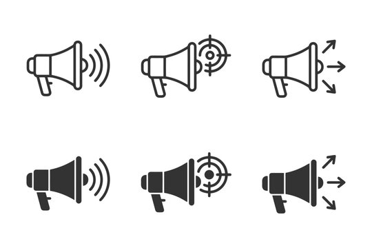 Collection of megaphone icons with sound waves and target symbols.