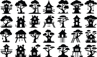 Naklejka premium Various treehouse and forest tree silhouettes for creative design projects with rustic wooden cabins