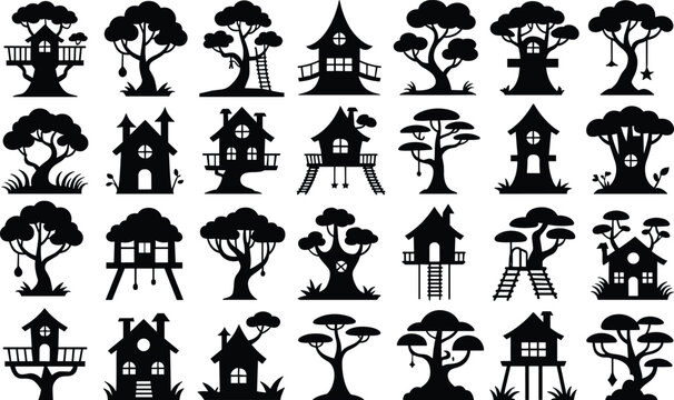 Various treehouse and forest tree silhouettes for creative design projects with rustic wooden cabins