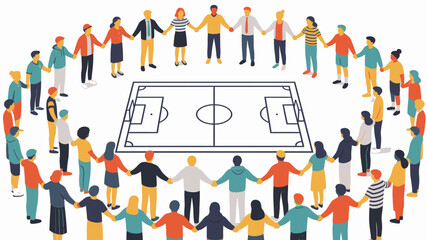 Diverse group of people holding hands around a soccer field. © pyoo