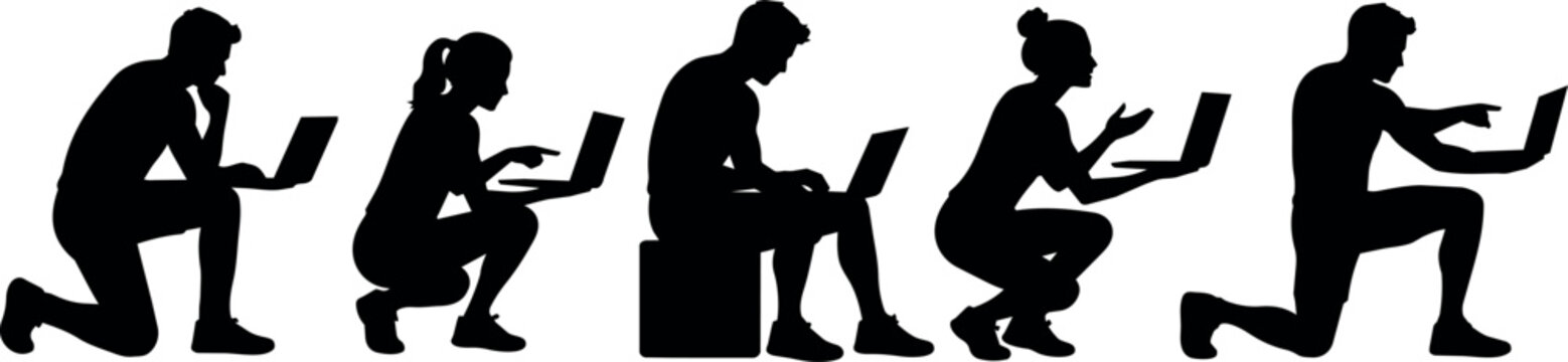 Diverse group of people in various kneeling and squatting poses using laptops