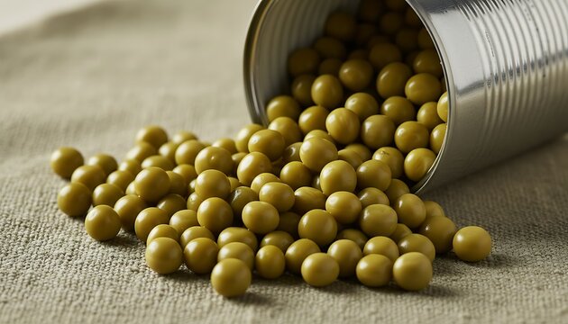 Bright green peas spilling from an open silver metal can onto a light brown textured fabric surface