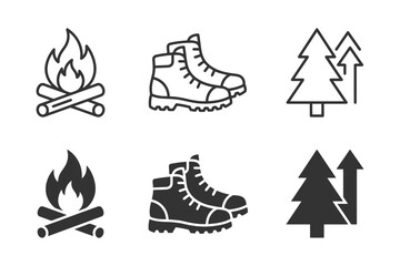 Fototapeta premium Outdoor adventure icons set illustrating campfires, hiking boots, and trees.