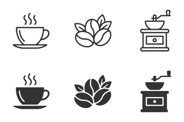 Fototapeta premium Coffee icons set: cups, beans, and grinders in black design.