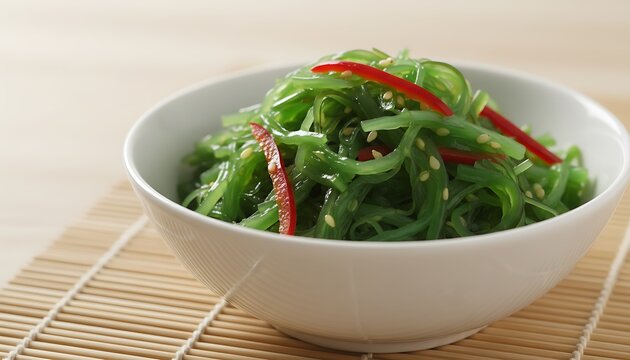 Bright green seaweed salad served in a white bowl on a bamboo mat