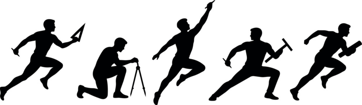 Silhouettes of men in dynamic poses representing different professions and activities