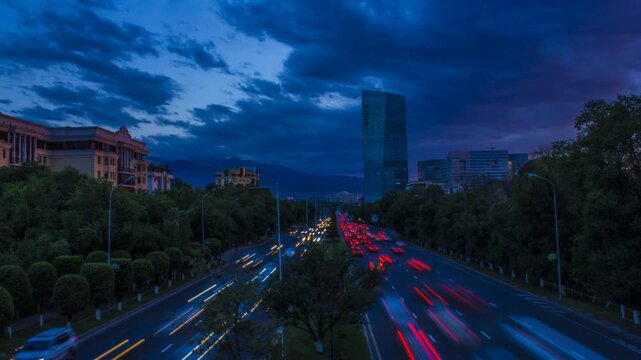 time lapse clouds over the city Almaty, st. Alfarabi