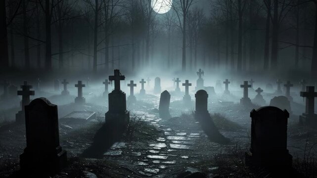 Moonlit haunted graveyard with fog drifting through ancient tombstones at night