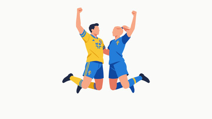 Obraz premium Two soccer players jumping in celebration.