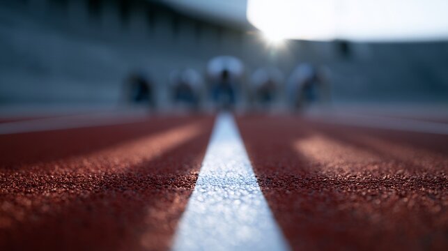 Sprinters poised at starting blocks on a vibrant red track, ready for intense competition and athletic pursuit.