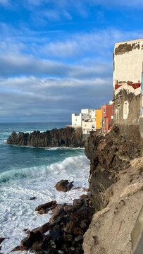 Colorful coastal town houses on Volcanic rocks in Puerto de la Cruz