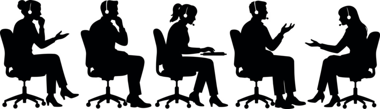 Diverse group of people in silhouette wearing headsets, communicating in an office setting