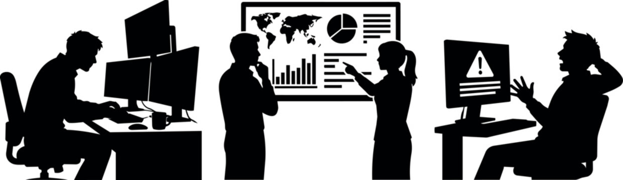 Business professionals analyzing data and facing computer issues