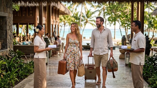 Couple Arriving at Luxurious Tropical Resort